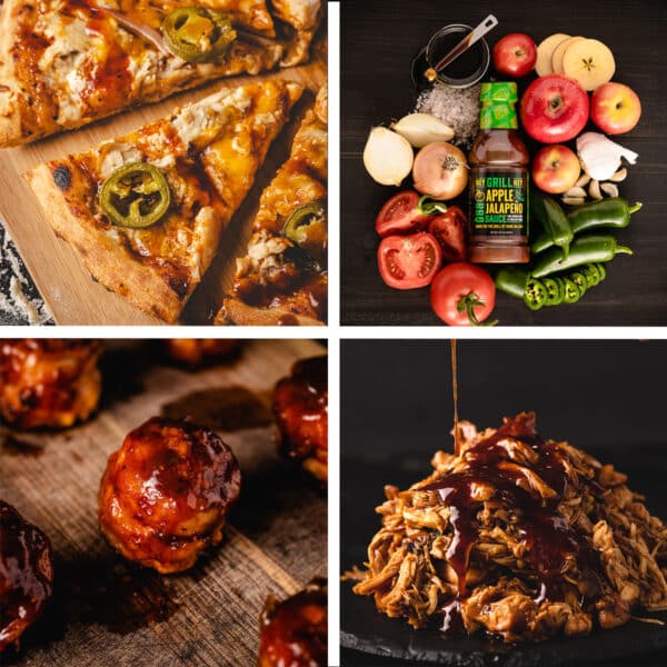 A collage of food featuring Hey Grill Hey Apple Jalapeño Sauce, BBQ pulled chicken, bacon smoked meatballs, and BBQ chicken pizza.